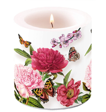 Load image into Gallery viewer, Spring Beauty!!  This peonien candle will add a gorgeous touch to any table or decor.  A good celebration is as much about the ambience as it is about food. Serve up your next dinner party with these beautiful tabletop accent candles and celebrate in style!  These parafin wax candles have a beautiful glow design when lit. Burning time: 35 hours Dimensions: 3.5 x 3 in Material:  parafin wax Unscented
