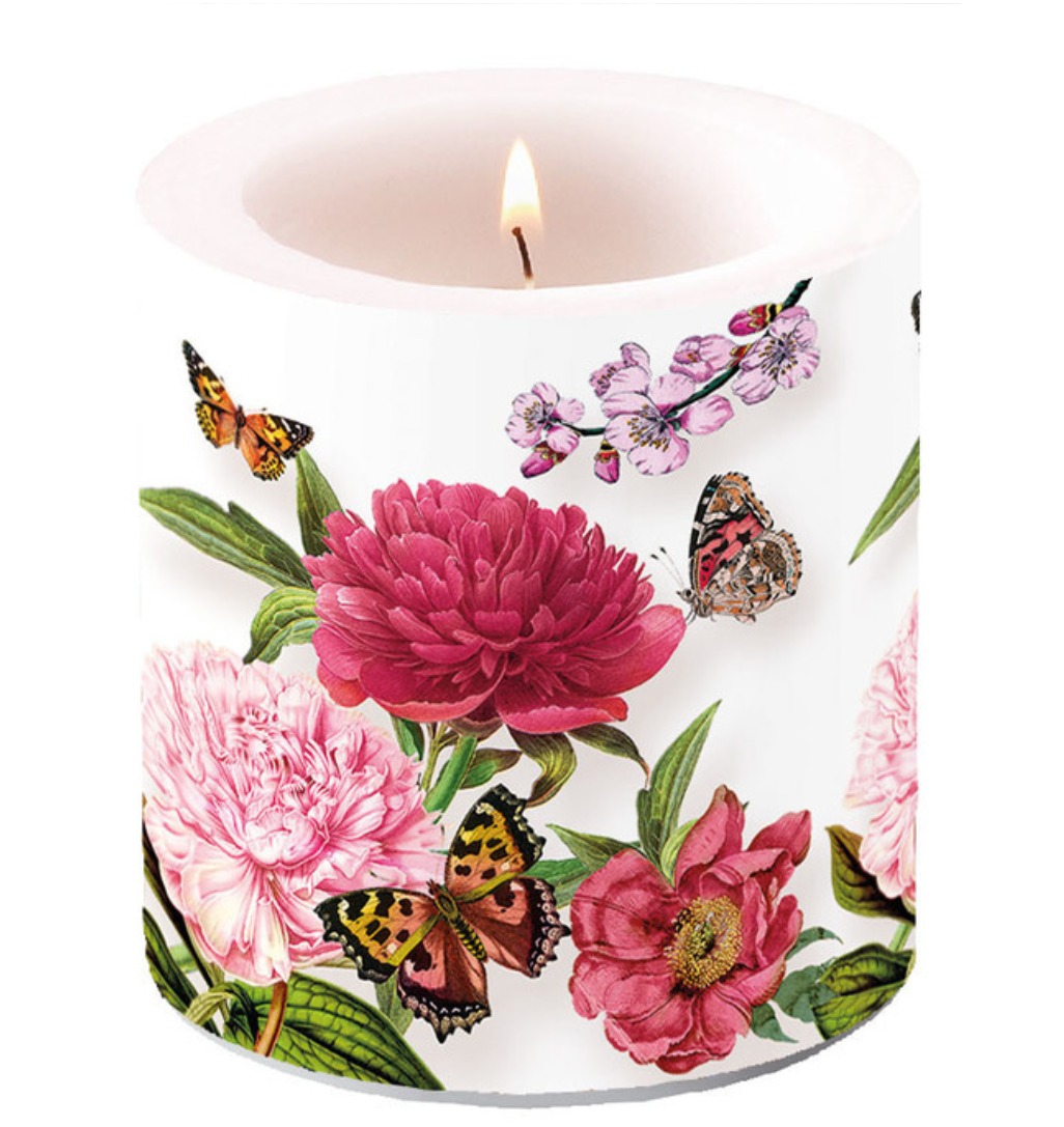 Spring Beauty!!  This peonien candle will add a gorgeous touch to any table or decor.  A good celebration is as much about the ambience as it is about food. Serve up your next dinner party with these beautiful tabletop accent candles and celebrate in style!  These parafin wax candles have a beautiful glow design when lit. Burning time: 35 hours Dimensions: 3.5 x 3 in Material:  parafin wax Unscented