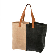 Load image into Gallery viewer, Remarkably soft, you would never guess that this tote is made from natural jute!  It has a a classic and timeless design and features genuine leather handles, making it a perfect carry-all tote bag.    2 Colours to choose from:  Charcoal Cool Grey Measures: 14&quot;L x 20&quot;W x 6&quot;H  Materials: Jute, Leather Spot Clean Only Shown: Charcoal
