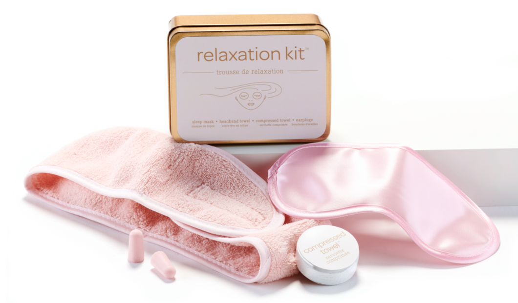 All the essentials for a spa day on the go.  The perfect travelling companion for those long days...just add your favourite bubbly!  Makes a great addition to any of our bath or body products for a complete gift.  Spa Kit Includes:  (1) Sleep Mask (1) Headband Towel (1) Compressed Towel (1) Earplug Set  Essentials are packed in tin box (4.8x1.5x3.5). 