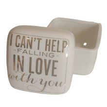 Load image into Gallery viewer, This one is a tribute to our parents and the love they shared. This beautiful ceramic white and gold Trinket Box is inscribed with the famous Elvis Presley song &quot;I Can&#39;t Help Falling In Love With You&quot;, which was one of our Mom&#39;s favourite songs, and one my dad either sang or played everyday for her. We couldn&#39;t think of a better decor piece for other&#39;s to continue the same sentiment, to express their love and store their treasured jewellery or keepsakes in. Size: 3.5&quot; x 3.5&quot; x 3.5&quot; Material: Ceramic
