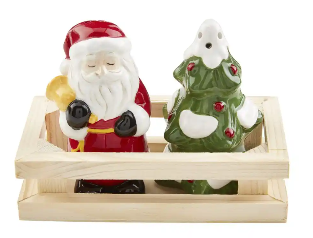 Holiday Kitchen - Mud Pie Dolomite Salt & Pepper Shakers - Santa/Tree Gift Set