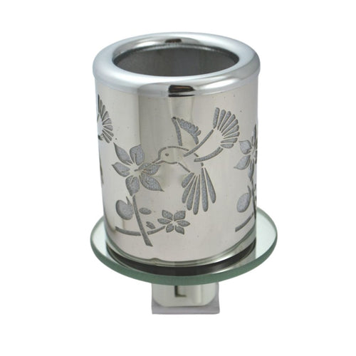 Aluminum crafted, this electric plug-in night light, with on/off switch, is ideal for any room in the house, especially bedrooms and corridors.  It will be an extension of your decor and the beautiful hummingbird and flower pattern will provide a warm and soft glow.  Size:  2.5 x2.5 x2.9 in. 1 Watt LED, warm white light bulb included In-door use only