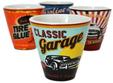 Load image into Gallery viewer, These Classic Retro 1950&#39;s Vintage-Style Auto Garage Espresso Demitasse Cups will ever go out of style.  Each beautiful porcelain cup has a unique Auto Garage design which pairs perfectly with any of our espresso machines.    4 Styles to choose from: Garage Express Tire Gasoline
