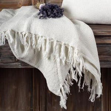 Load image into Gallery viewer, This beautiful Throw Blanket has a classic waffle weave pattern adorned with whimsical fringes.  Light, yet cozy.  Matches perfect with any decor.  Size:  68 × 52 in  Colour:  White  Material:  Cotton
