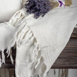 This beautiful Throw Blanket has a classic waffle weave pattern adorned with whimsical fringes.  Light, yet cozy.  Matches perfect with any decor.  Size:  68 × 52 in  Colour:  White  Material:  Cotton