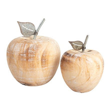 Load image into Gallery viewer, These decorative wood apples with their adorable vintage look metal stems are a great addition to any decor in your kitchen or family room.  Add them to your counters, shelves or trays for a beautiful look.  Perfect as a House Warming or Teachers gift.  Set Includes:  (1) 4&quot; h apple (1) 3.3&quot; h apple
