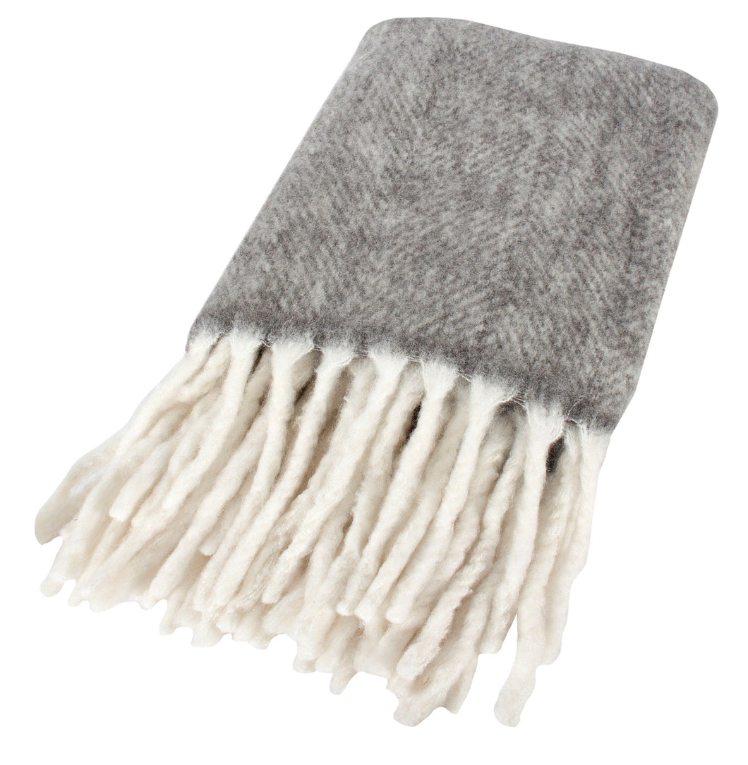 Wrap yourself in soft warmth with this grey throw with long white fringe. Perfect for those chilly mornings and evenings.  Size:  60 × 50 in  Material:  Wool/Acrylic/Polyester