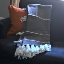 Load image into Gallery viewer, Get cozy with this gorgeous natural coloured wool throw with heavy ivory fringe.  Perfect for bundling up on those chilly mornings and evenings.  Size:  60 × 50 in  Material:  100% Wool
