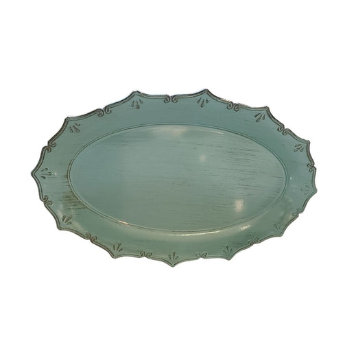 It's all in the details!  Get ready to make your table POP with this gorgeous turquois oval acrylic serving tray.  Its intricate detailed edge makes it elegant to use at the fanciest of indoor gatherings, yet its acrylic style makes it great for the outdoors too.  So pretty you will want to display it with our beads or candles on your coffee table.  Add some of our drinkware, or other home accessories for a great Mother's Day,  Birthday or Just Because gift.  Size:  19.5