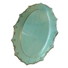 Load image into Gallery viewer, It&#39;s all in the details!  Get ready to make your table POP with this gorgeous turquois oval acrylic serving tray.  Its intricate detailed edge makes it elegant to use at the fanciest of indoor gatherings, yet its acrylic style makes it great for the outdoors too.  So pretty you will want to display it with our beads or candles on your coffee table.  Add some of our drinkware, or other home accessories for a great Mother&#39;s Day,  Birthday or Just Because gift.  Size:  19.5&quot;L x 13&quot; W x 1&quot; H  Material:  Acrylic
