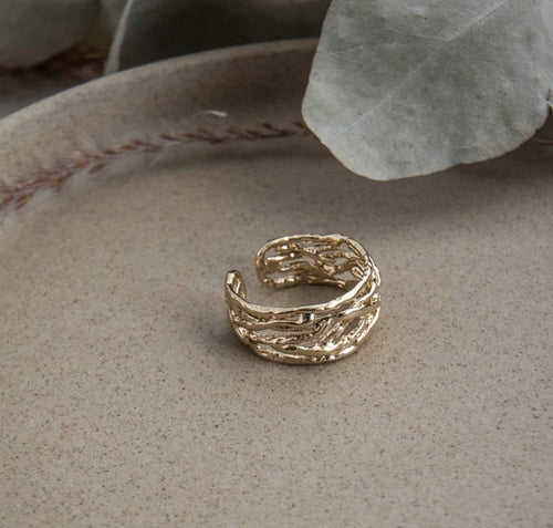 Rustic yet elegant, beauty blossoms among interwoven vines in this classic Briar Ring.    2 Colours to choose from:  Gold Silver Details:  gold or silver plate Adjustable Hypoallergenic Nickel/lead free 3 coats anti-tarnish