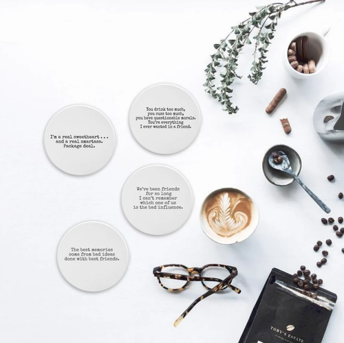 Sassy Coasters are the perfect accompaniment to your favourite beverage.    Each coaster is made of porcelain with a matte finish. The back side is finished in cork.   Each coaster is 3.5