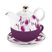 Load image into Gallery viewer, Teapot Set - Tea For One White &amp; Purple Ceramic with Gold Plated Lid Knob - Berry Floral (3 Piece Set)
