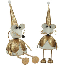 Load image into Gallery viewer, Adorn your mantel or coffee table this holiday season with these adorable gold and white vintage style metal mice.  Makes a great Teacher, hostess or stocking stuffer gift  Set Includes:  (1) Standing Mouse (1) Sitting Mouse with rope legs Size:  3.30 × 2.30 × 7.20&quot; each 
