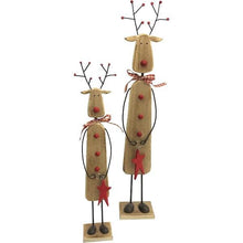 Load image into Gallery viewer, We are in love with these classic wood standing reindeer set, with its gorgeous red accents.  Perfect for any mantel, foyer or table.  Makes a great Teacher or hostess gift.  Set Includes:  (1) Small Reindeer: 12.99 x 2.75 x 1.77&quot; (1) Medium Reindeer: 16.93 x 3.35 x 2.17&quot;
