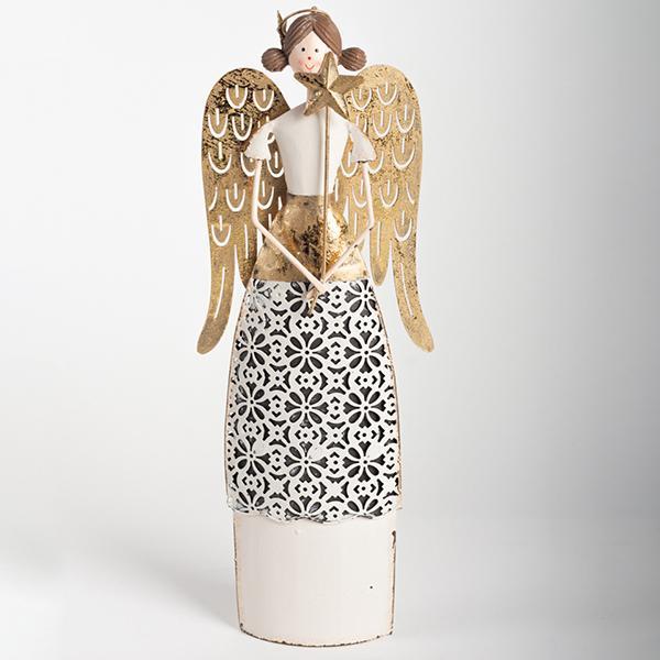 This beautiful gold and white vintage style metal angel will create peace in any room with your holiday decor.  Makes a great Teacher, hostess or stocking stuffer gift.  Size:  2.0 x 4.0 x 13.0