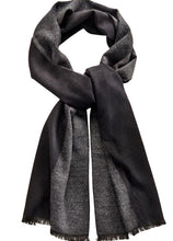 Load image into Gallery viewer, Soft and sophisticated, this sleek accessory, in a blended yarn creates a cozy soft fabric to pair with your winter attire.  This grey and black patterned scarf is finished with a frayed hem.  Materials: 60% Viscose, 40% Polyester
