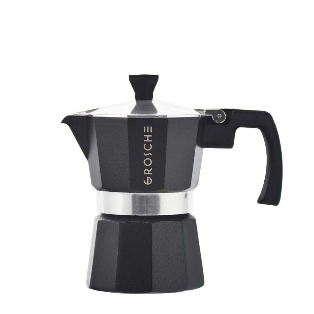 This Milano espresso machine is an elegant black espresso machine and is made from food safe aluminium with a heat resistant mahogany dip handle and knob, and a non-toxic silicon gasket seal. Medium-fine coffee grounds should be used with the espresso po