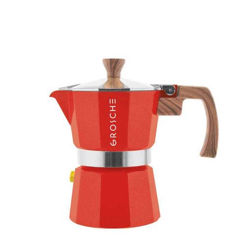 This Milano espresso machine is a beautiful bold red espresso machine and is made from food safe aluminium with a heat resistant mahogany dip handle and knob, and a non-toxic silicon gasket seal.  Medium-fine coffee grounds should be used with the espresso pot. 