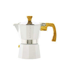 Load image into Gallery viewer, This Milano espresso machine is a beautiful white espresso machine and is made from food safe aluminium with a heat resistant mahogany dip handle and knob, and a non-toxic silicon gasket seal. Medium-fine coffee grounds should be used with the espresso po
