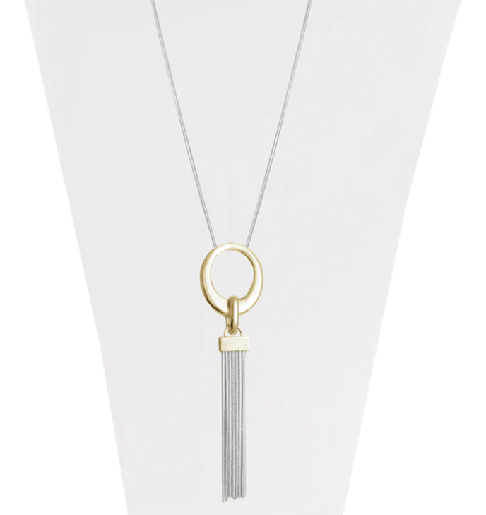 Necklace - Adjustable Silver Plated Long Chain with Gold Pendant and Metal Tassel