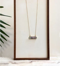 Load image into Gallery viewer, One of our favourites!!  This geometric stone necklace with its gorgeous emerald and purple hues is a work of art all on its own, or layer it and make a statement.  Either way you will definitely get many compliments.  *This necklace is paired with the Boho Necklace  Details:  14k gold plate 30&quot; chain with a 2&quot; extender  Hypoallergenic Nickel/lead free 3 coats anti-tarnish 
