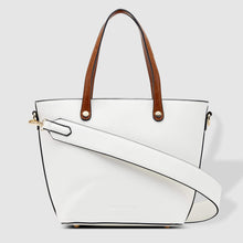 Load image into Gallery viewer, the Olivia is a great everyday bag.  Grab and go with its top handles or wear comfortably over your shoulder with the detachable shoulder strap.  Features:  1 x Zip Pocket 2 Slip Pockets Internal lining - Black/White Stripe Extension strap: 82cm Adjustable Detachable Closure: Secure Zip Material: Vegan Leather  Hardware: Light Gold  Dimensions: W25 x H24 x D15 cm
