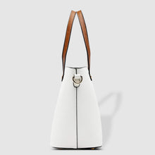 Load image into Gallery viewer, the Olivia is a great everyday bag.  Grab and go with its top handles or wear comfortably over your shoulder with the detachable shoulder strap.  Features:  1 x Zip Pocket 2 Slip Pockets Internal lining - Black/White Stripe Extension strap: 82cm Adjustable Detachable Closure: Secure Zip Material: Vegan Leather  Hardware: Light Gold  Dimensions: W25 x H24 x D15 cm

