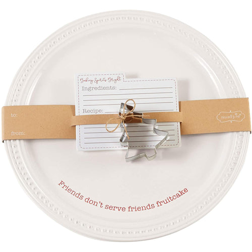 Christmas Cookie Platter 3-piece Set.  The round ceramic plate features a raised beaded rim and debossed sentiment 