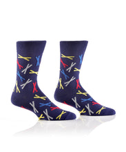 Load image into Gallery viewer, Make a fashion statement with these Men&#39;s Crew Socks and their &quot;X Marks&quot; Design. So Stylish, he won&#39;t want to cover them up!   Nay blue sock, cuff, heel and toe.   Reinforced Heel &amp; Toe Cotton Antimicrobial Fits Men&#39;s Shoe Size 7-12

