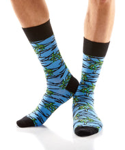 Load image into Gallery viewer, Make a fashion statement with these Men&#39;s Crew Socks and their &quot;Tropical Hawaii&quot; Design. So Stylish, he won&#39;t want to cover them up!   Blue sock, black cuff, heel and toe.   Reinforced Heel &amp; Toe Cotton Antimicrobial Fits Men&#39;s Shoe Size 7-12
