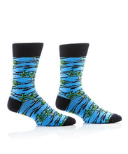 Load image into Gallery viewer, Make a fashion statement with these Men&#39;s Crew Socks and their &quot;Tropical Hawaii&quot; Design. So Stylish, he won&#39;t want to cover them up!   Blue sock, black cuff, heel and toe.   Reinforced Heel &amp; Toe Cotton Antimicrobial Fits Men&#39;s Shoe Size 7-12
