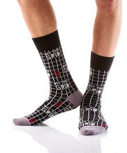 Load image into Gallery viewer, Make a fashion statement with these Men&#39;s Crew Socks and their &quot;Off The Grid&quot; Design. So Stylish, he won&#39;t want to cover them up!   Black sock &amp; cuff, light grey heel and toe.   Reinforced Heel &amp; Toe Cotton Antimicrobial Fits Men&#39;s Shoe Size 7-12
