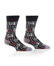 Load image into Gallery viewer, Make a fashion statement with these Men&#39;s Crew Socks and their &quot;Off The Grid&quot; Design. So Stylish, he won&#39;t want to cover them up!   Black sock &amp; cuff, light grey heel and toe.   Reinforced Heel &amp; Toe Cotton Antimicrobial Fits Men&#39;s Shoe Size 7-12
