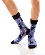 Load image into Gallery viewer, Make a fashion statement with these Men&#39;s Crew Socks and their &quot;Monkey In Space&quot; Design. So Stylish, he won&#39;t want to cover them up!   Blue sock, black cuff, heel and toe.   Reinforced Heel &amp; Toe Cotton Antimicrobial Fits Men&#39;s Shoe Size 7-12
