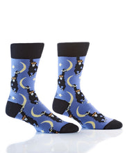 Load image into Gallery viewer, Make a fashion statement with these Men&#39;s Crew Socks and their &quot;Monkey In Space&quot; Design. So Stylish, he won&#39;t want to cover them up!   Blue sock, black cuff, heel and toe.   Reinforced Heel &amp; Toe Cotton Antimicrobial Fits Men&#39;s Shoe Size 7-12
