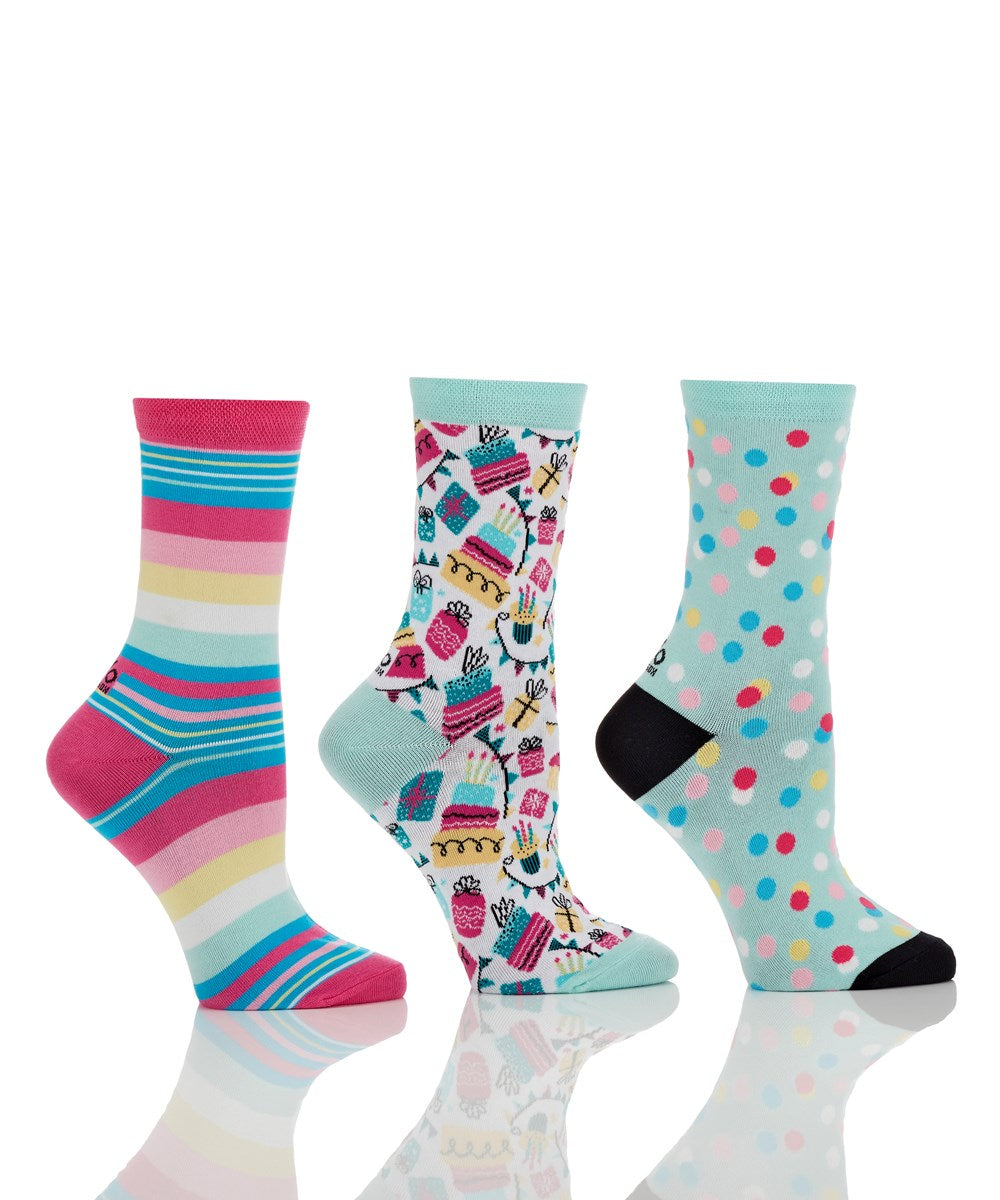 Say Happy Birthday in style with this great set of women's crew socks with whymsical birthday and fun designs.  Comes in a coordinating gift box.  So cute and stylish, you'll want to wear them all the time!  Each giftbox set includes:  (1) Aqua/Pink Birthday (1) Aqua/Pink Stripes (1) Aqua/Pink Dots Features:  Reinforced Heel & Toe Cotton Antimicrobial Fits Women's Shoe Size 6-10
