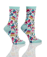 Load image into Gallery viewer, Say Happy Birthday in style with this great set of women&#39;s crew socks with whymsical birthday and fun designs.  Comes in a coordinating gift box.  So cute and stylish, you&#39;ll want to wear them all the time!  Each giftbox set includes:  (1) Aqua/Pink Birthday (1) Aqua/Pink Stripes (1) Aqua/Pink Dots Features:  Reinforced Heel &amp; Toe Cotton Antimicrobial Fits Women&#39;s Shoe Size 6-10
