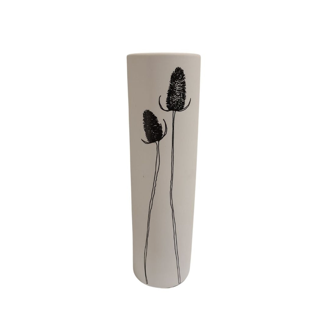 Vase - Ceramic White with Hand Painted Black Thistles