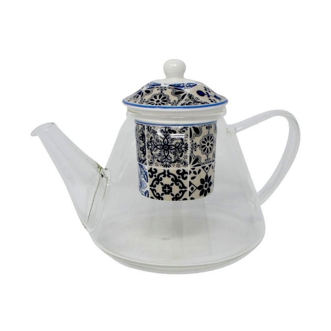 This is a classic glass teapot with the added beautiful detail of a blue mosaic porcelain infuser and lid.  Gorgeous for any breakfast or brunch table, this teapot will make the perfect cup of loose leaf tea.  Pair it with our beautiful collection of cups and teas for an ultimate Birthday, Mother's Day, Hostess or Just Because gift.  Size:  23oz capacity  Material:  Glass/Ceramic