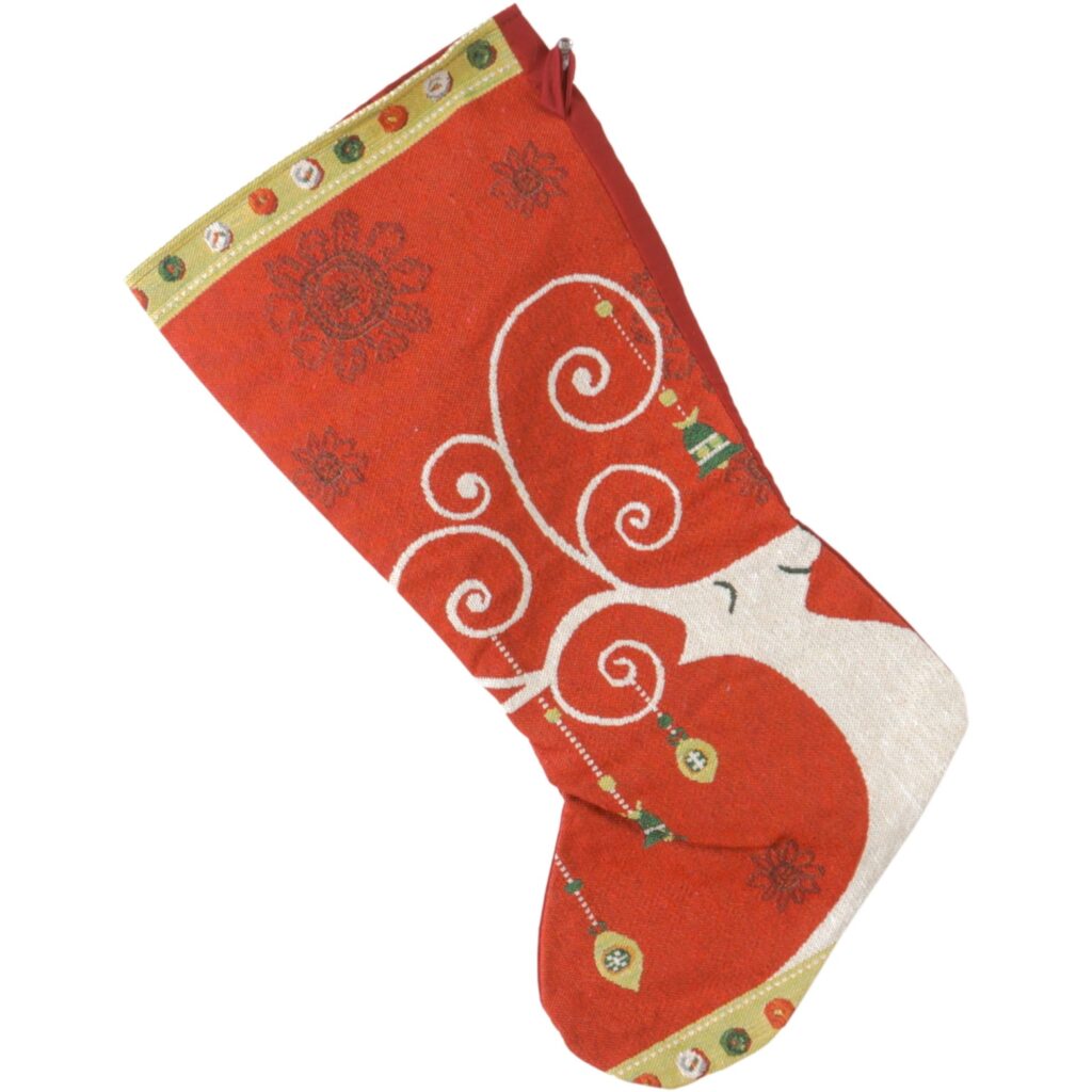 How gorgeous is this Red Tapestry Stocking depicting a classic reindeer adorning Christmas ornaments on its antlers.  Its the perfect additional holiday decoration piece.   Perfect for any mantel, or use it as a gift bag.  Size: 10.0 x 18.0