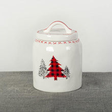 Load image into Gallery viewer, Holiday Kitchen - Cookie Jar Ceramic with Lid - White with Plaid Christmas Tree Motif
