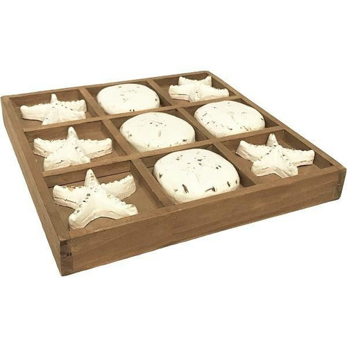 This set elevates the common game of tic-tac-toe.  A beautiful nautical accent piece at play or on display and perfect for the cottage or beach.  Each game piece made of paper mache, set in a wooden tray.  Dimensions: 15